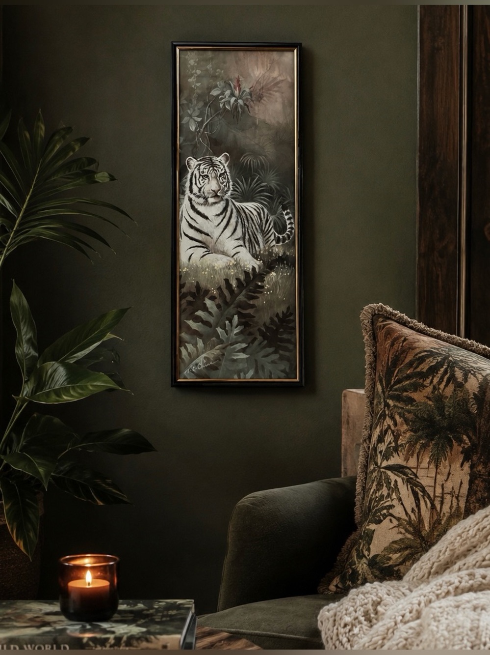 White Tiger in a Forest Art Framed Wall Art Vintage Asian Style 8x20” Home Decor